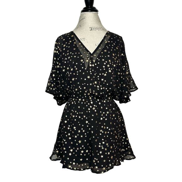 If By Sea Los Angeles | Women | Black Ruffle Gold Star Print Romper | Medium - Picture 2 of 14